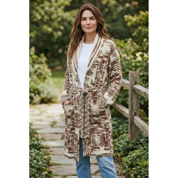 NWT POL Women's Southwestern Knit Longline Belted Cardigan Sweater Brown S